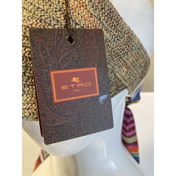 ETRO Womens Straw Cap Visor Hat with Silk Scarf NEW
